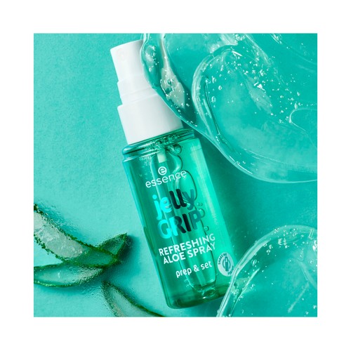 ESSENCE Grip refreshing aloe Spray hidratante de fijación, textura gel a bruma y acabado fresco.