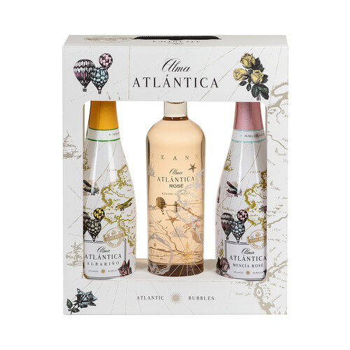 ALMA ATLÁNTICA  Estuche con vino blanco espumos albariño, vino rosado espumoso (Méncía) y vino rosado ALMA ATLÁNTICA.