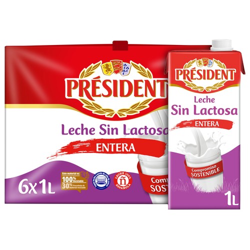 PRESIDENT Leche de vaca entera y sin lactosa de origen 100% española  6 x 1 l.