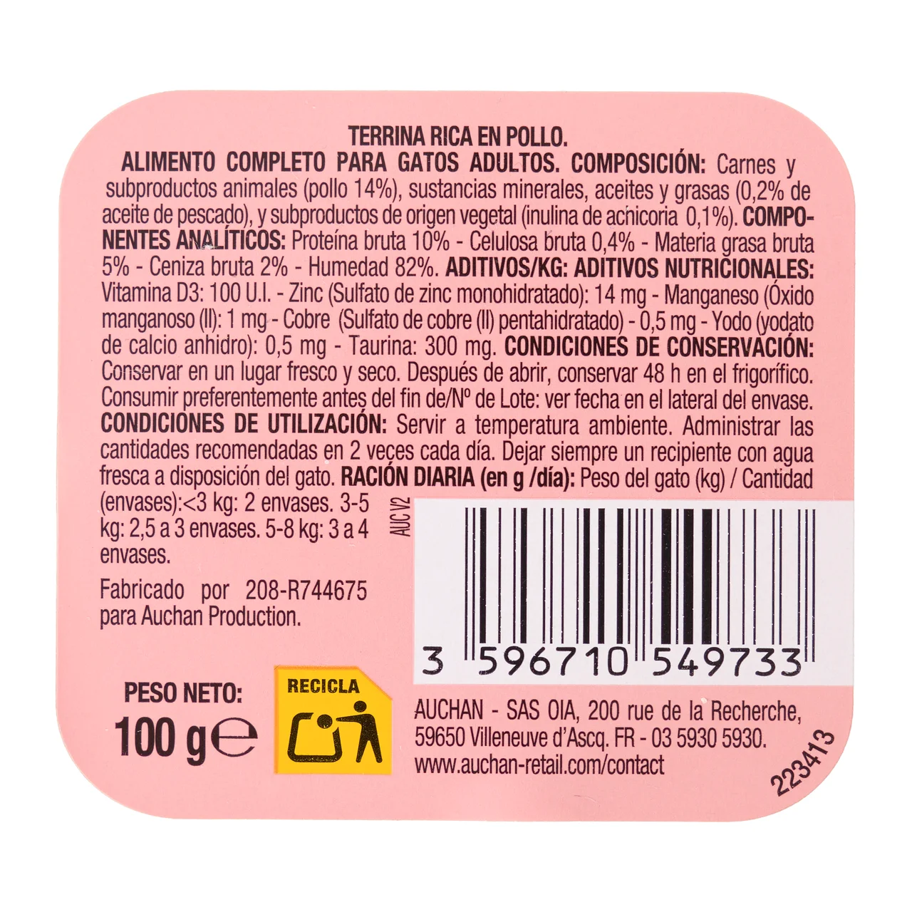 PRODUCTO ALCAMPO Alimento completo para gatos adultos, rico en pollo 100 g.