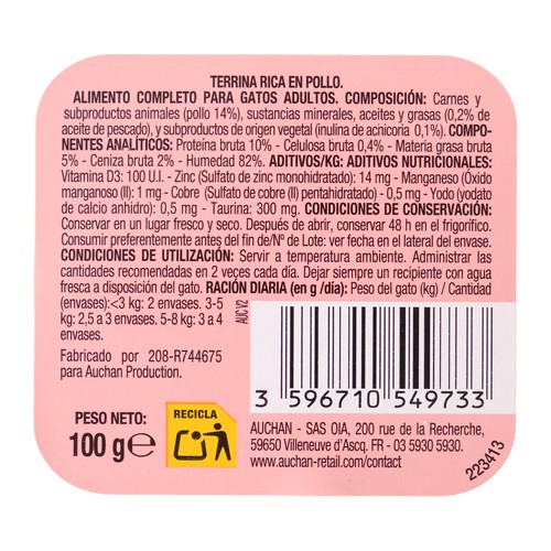 PRODUCTO ALCAMPO Alimento completo para gatos adultos, rico en pollo 100 g.