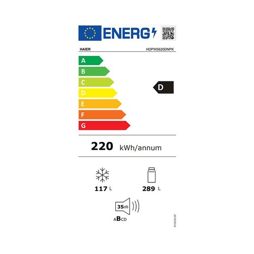 Frigorífico combi 205cm HAIER HDPW5620DNPK SILVER, NO FROST, clasificación energética: D, H: 205cm, A: 59,5cm, F: 66,7cm, capacidad total: 406L.