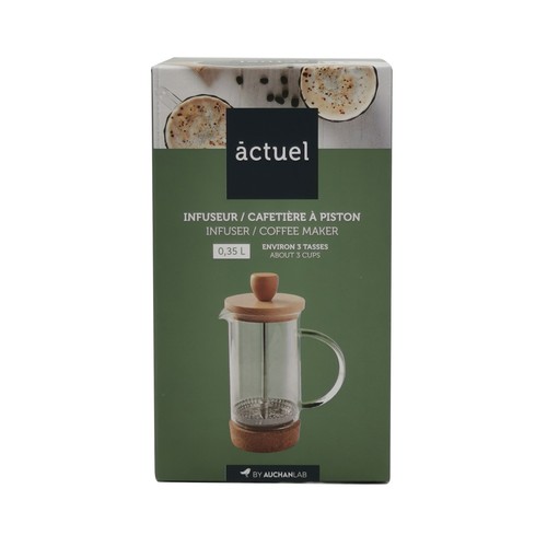 Cafetera embolo 3 tazas 0,35cl., con base y tapa de bambú, ACTUEL.