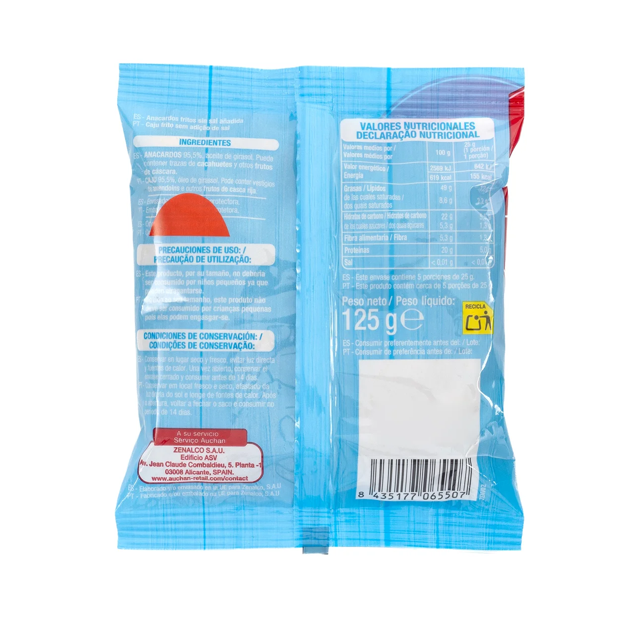 PRODUCTO ALCAMPO Anacardos fritos sin sal añadida 125 g.