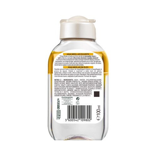 GARNIER Skin active Agua micelar en aceite, formato de viaje 100 ml.