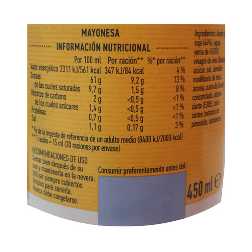 HELLMANN'S Mayonesa frasco 440 +10 ml.