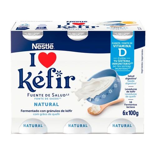 NESTLÉ Kefir líquido natural, elaborado con fermentos lácteos y levaduras de 6 x 100 g.