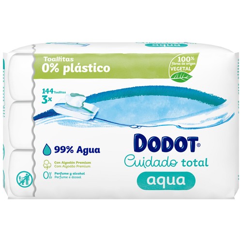 DODOT Toallitas húmedas para bebé con fibras 100% de origen vegetal DODOT Cuidado total aqua 3 x 48 uds.