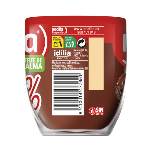 NOCILLA Crema de cacao con avellanas 0% sin azúcares añadidos, sin aceite de palma en envase de vidrio reutilizable 180 g.