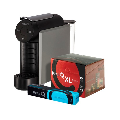 Pack de cafetera de cápsulas + 50 cápsulas de café DELTA Q MiniQOOL gris, automática, multibebidas, recipiente para cápsulas.