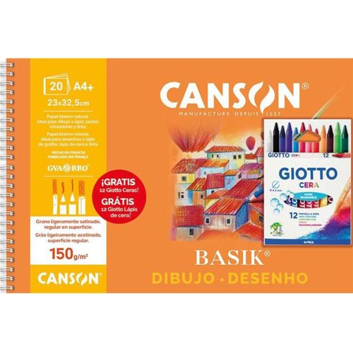 Bloc de Dibujo A4 CANSON Guarro Basik Liso 20 hojas 150g + 12 Ceras GIOTTO.