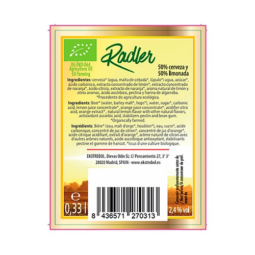 EKOTREBOL Cerveza radler (con limón) ecológica botella 33 cl.