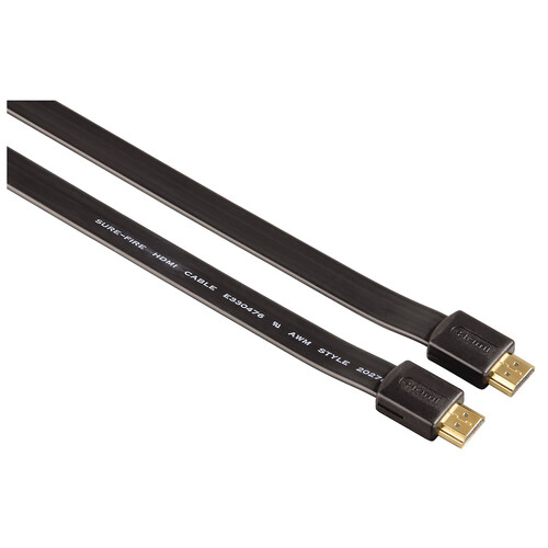 Cable QILIVE de HDMI macho a HDMI macho, terminales dorados, plano, color negro.