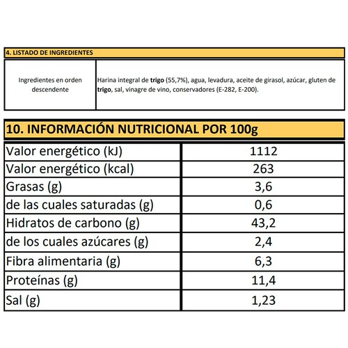 Hogaza de pan integral de trigo 360 g.