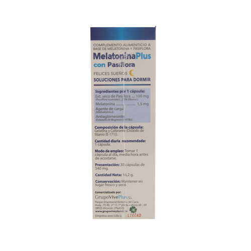 VIVE+ SALUD Y VIDA Melatoninaplus con pasiflora VIVIE + SALUD Y BELLEZA 30 càp. de 540 mg.