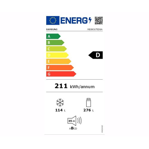 Frigorífico combi 203cm SAMSUNG RB38C675DSA/EF Inox, NO FROST, clasificación energética: D, H: 203cm, A: 59,5cm, F: 65,8cm, capacidad total: 390L.