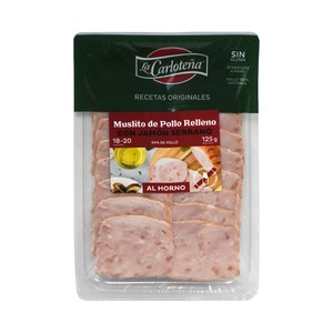 Imagen de LA CARLOTEÑA Muslitos de pollo asado relleno con jamón serrano, cortado en lonchas LA CARLOTEÑA 125 g,