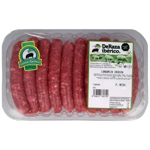 Bandeja de longaniza blanca (salchichas), fresca e ibérica, elaboradas sin gluten DERAZA
