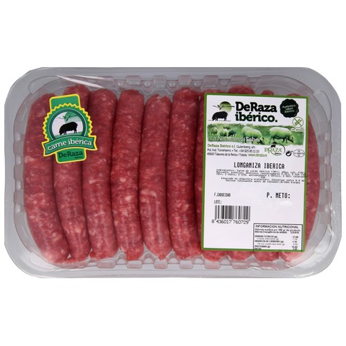 Bandeja de longaniza blanca (salchichas), fresca e ibérica, elaboradas sin gluten DERAZA