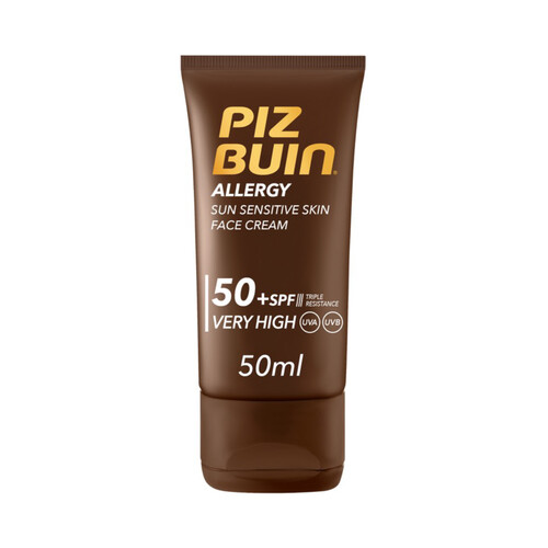 PIZ BUIN Protector solar facial con FPS 50+ (muy alto), especial pieles sensibles al sol PIZ BUIN Allergy 50 ml.