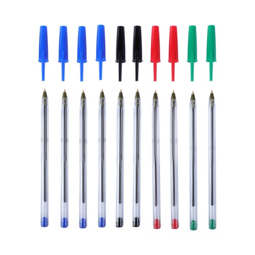 Set 10 bolígrafos capuchón 4 colores recargable. ALCAMPO