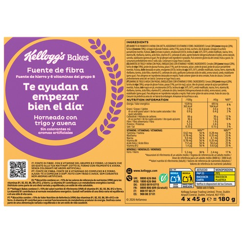 KELLOGG'S Barritas de trigo y avena con pasas , vitaminas y hierro 4 x 45 g.