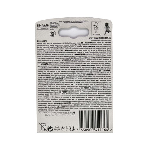 Pack de 4 pilas de botón alcalinas LR44, A76,1,5V, ENERGIZER.