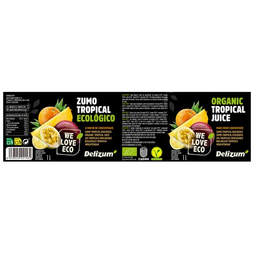 DELIZUM Zumo tropical a base de concentrado de naranja, piña, limón, manzana y maracuyá ecológico 1 l.