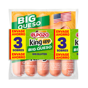 Imagen de EL POZO Big queso king upp Salchichas cocidas de cerdo, pavo y pollo con queso 3 x 200 g.