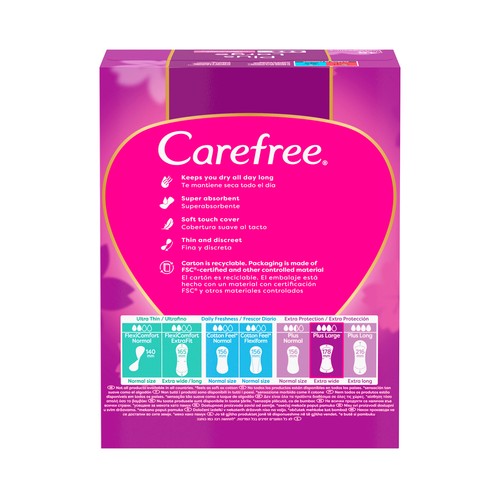 CAREFREE Plus large Salvaslips (protegeslips) extra largos y super absorbentes con fragancia ligera 48 uds.