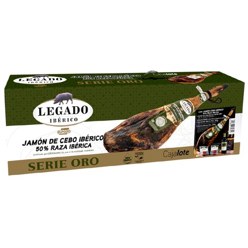 LEGADO IBÉRICO Seire oro de El Pozo Lote de jamón de cebo ibérico (50% raza ibérica), vino tinto y embutidos.