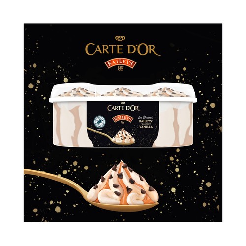 CARTE D"OR Tarrina de helado de vainilla con sabor a Baileys, salsa de caramelo y trocitos de chocolate 825 ml.