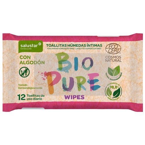 Toallitas húmedas íntimas, con algodón y dematológicamente testadas SALUSTAR Bio pure 12 uds.
