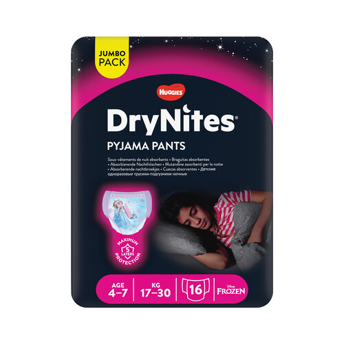 DRYNITES Pañales de noche talla 7 (braguitas absorbentes), para niñas de 17 a 30 kilogramos y de 4 a 7 años DRYNITES Pijama pants 16 uds.