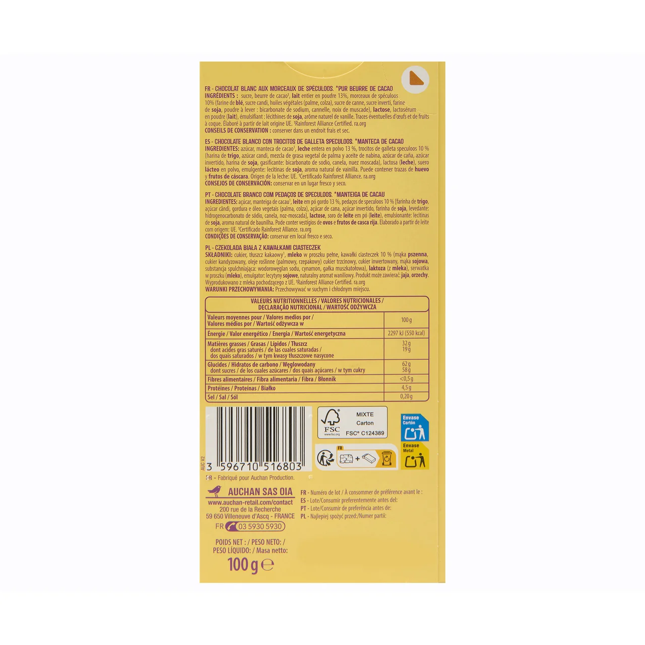 PRODUCTO ALCAMPO Chocolate blanco con speculoos 100 gr