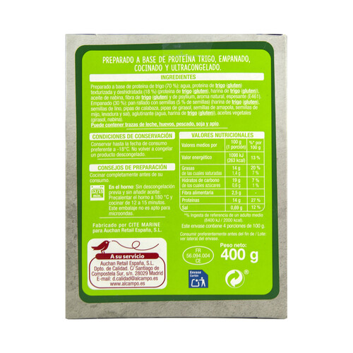 PRODUCTO ALCAMPO Escalope empanado y congelado a base de proteína de trigo PRODUCTO ALCAMPO 400 g.