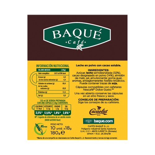BAQUÉ Leche en polvo con cacao soluble en cápsulas (Cacaolat) BAQUÉ 10 uds. x 18 g.