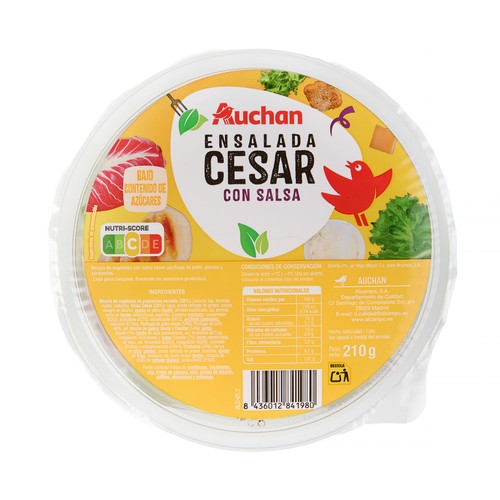 AUCHAN Ensalada César (salsa, pechuga de pollo, picatostes y queso) 210 g Producto Alcampo.