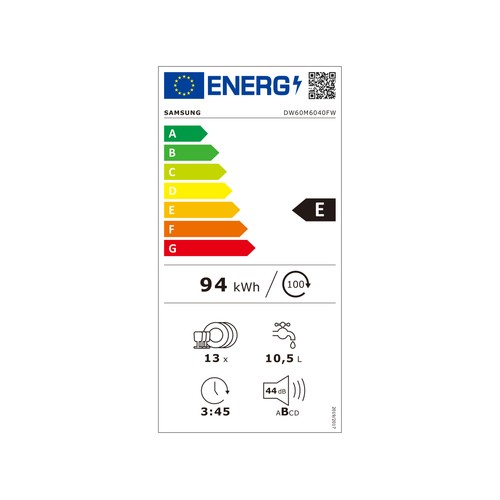 Lavavajillas SAMSUNG DW60M6040FW/EC BLANCO, capacidad: 13 servicios, clasificación energética: E, H: 84,5cm, A: 59,8cm, F: 60cm.