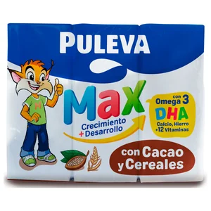 PULEVA Bebida láctea infantil con cacao y cereales, a partir de 3 años Max crecimiento + desarrollo 3 x 200 ml.