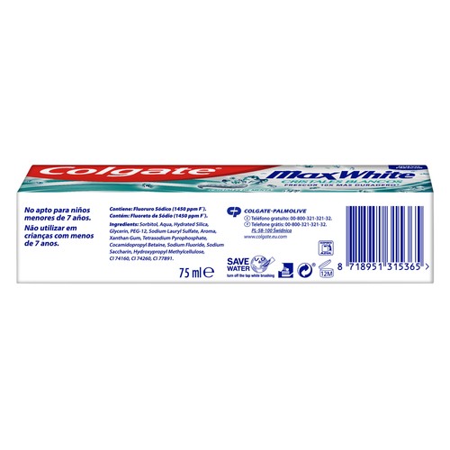 COLGATE Max white Pasta de dientes blanqueadora con cristales blancos 75 ml.