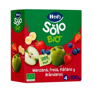 HERO Solo Bio Bolsitas de fruta (manzana, fresa, plátano y arándanos) ecológicas, a partir de 12 meses 4 x 100 g.