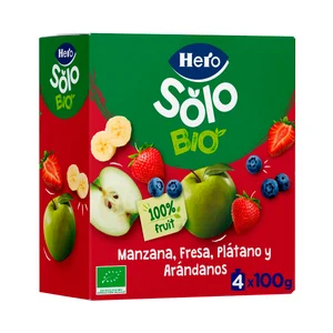 HERO Solo Bio Bolsitas de fruta (manzana, fresa, plátano y arándanos) ecológicas, a partir de 12 meses 4 x 100 g.
