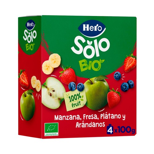 HERO Solo Bio Bolsitas de fruta (manzana, fresa, plátano y arándanos) ecológicas, a partir de 12 meses 4 x 100 g.