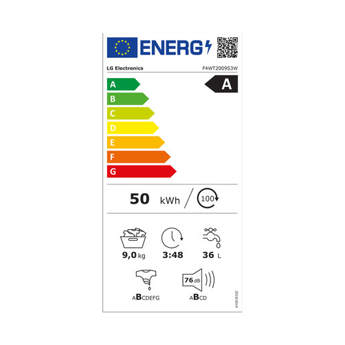 Lavadora LG F4WT2009S3W capacidad de carga: 9KG, clasificación energética: A, 1400RPM, H: 84,5cm, A: 60cm, F: 58,2cm.