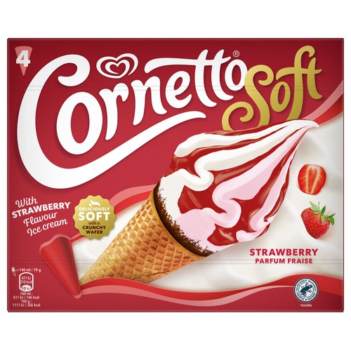 CORTETTO Soft de Frigo Cono de helado de nata y fresa, con chocolate y salsa de fresa 4 x 140 ml.