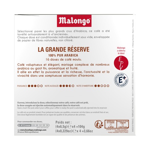 MALONGO Café en cápsulas gran reserva espresso Puro Arábica 16 uds.