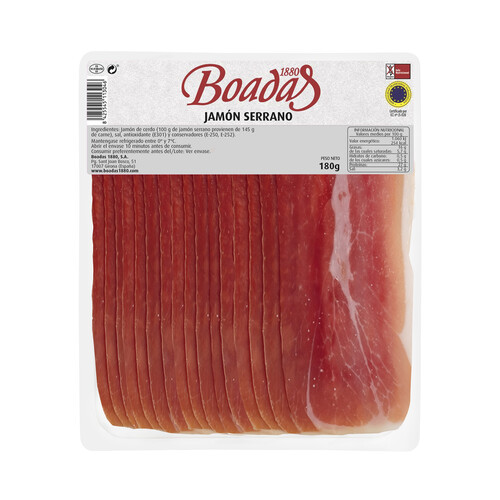 BOADAS Jamón serrano curado cortado en lonchas con separador BOADAS 180 g.