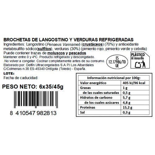 Brocheta de langostino y verduras, venta por unidad.