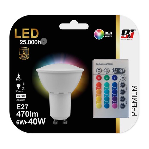 Bombilla Led GU10 con mando a distancia, 6W=40W, blanco + RGB multicolor, NINE&ONE Premium.